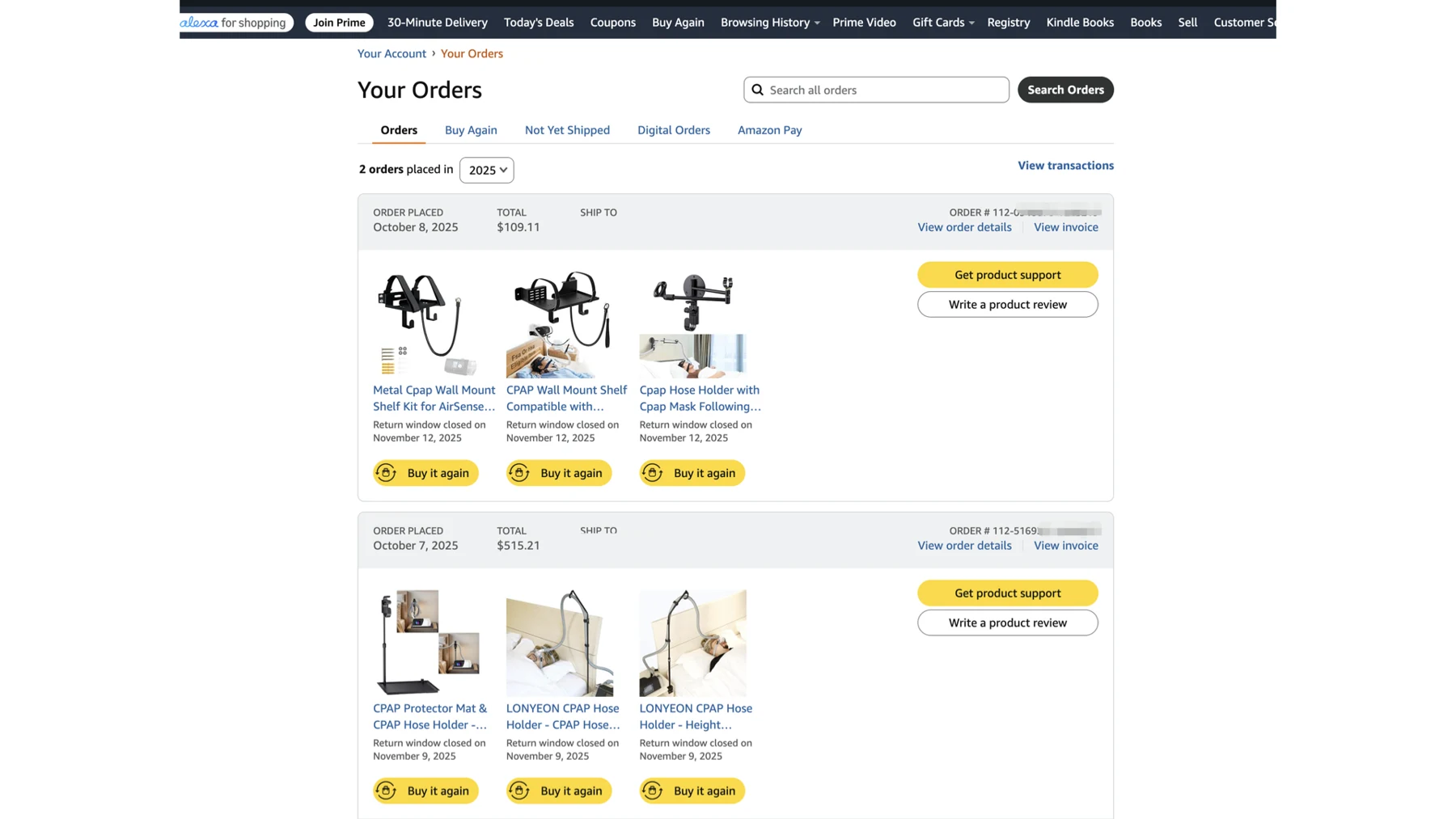 Amazon order screenshot showing CPAP hose holder and shelf samples purchased for the project.