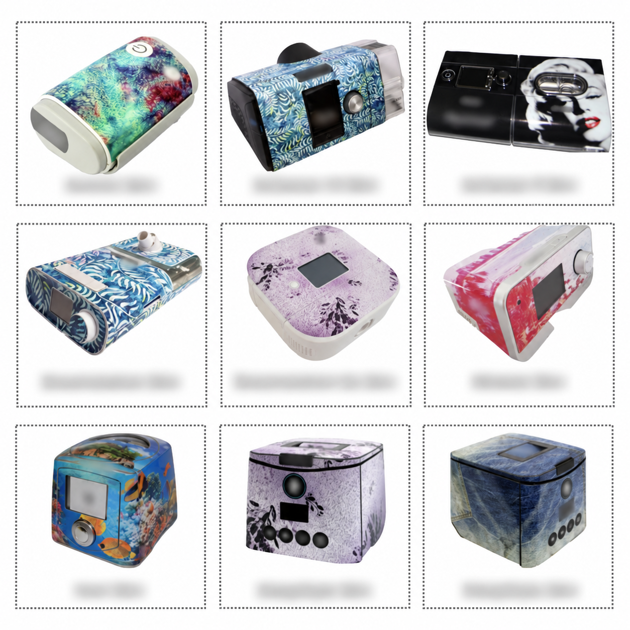 Customer reference showing decorative skins on nine CPAP machines, with identifying marks blurred.